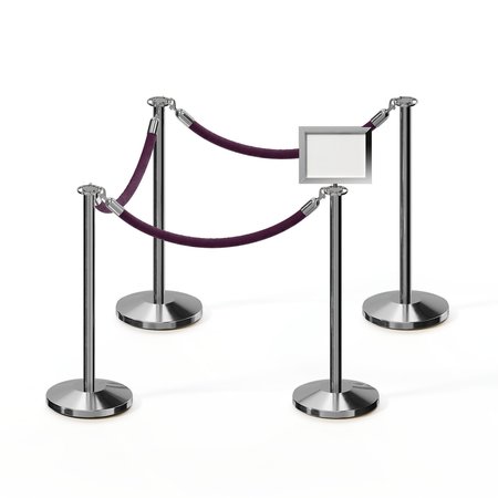 MONTOUR LINE Stanchion Post & Rope Kit PolSteel 4FlatTop 3Purple Rope 85x11HSign C-Kit-3-PS-FL-1-Tapped-1-8511-H-3-PVR-PE-PS